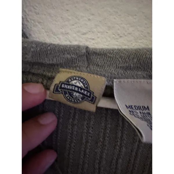 Shaver Lake Casuals Ribbed Knit Henley Hoodie Sage Green Grey Medium Ramie - Image 3