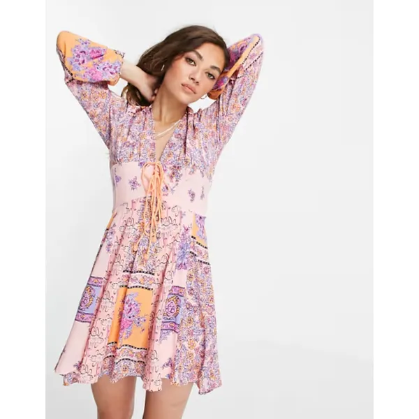 Free People Mixin' It Up Mini Dress XS Pink Orange Paisley V-Neck Boho Hippie - Image 2