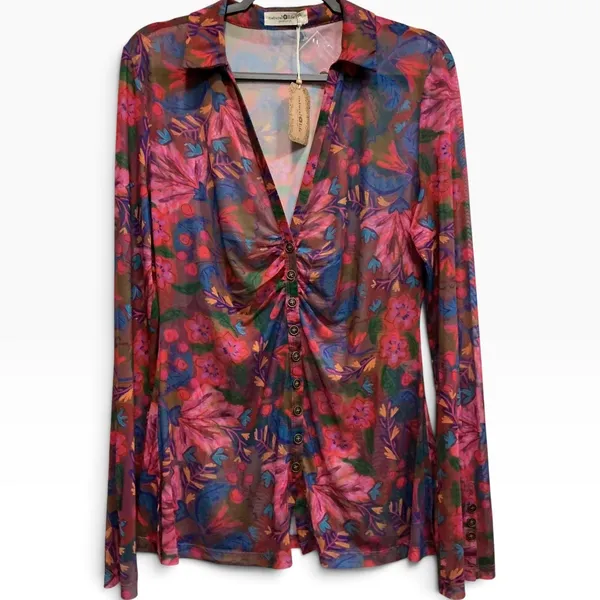 Natural Life Carina Mesh Top XL Floral Long Sleeve Ruched Button Blouse NEW‎ - Image 2
