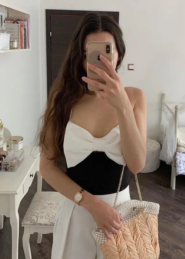 ZARA black bodysuit white bow top blouse - Image 3