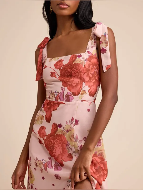 LULU’S Summer Invite Blush Pink Floral Tie-Strap Tiered Midi Dress - Image 6