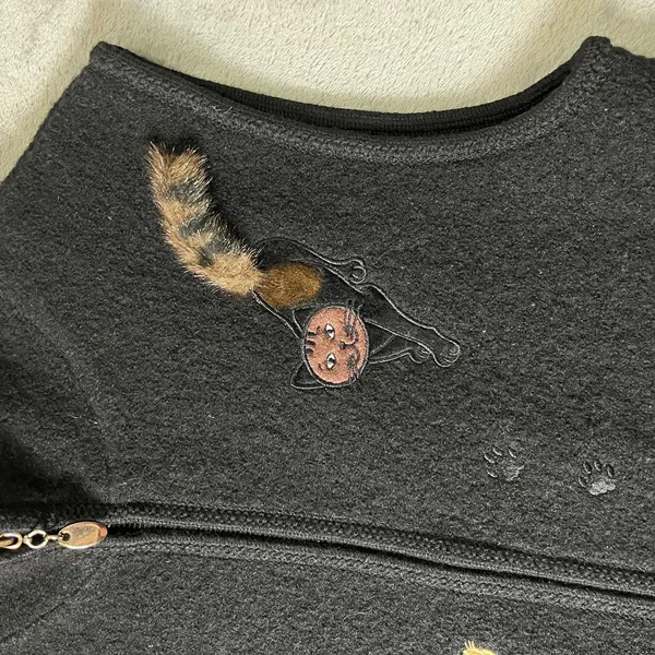 Vintage Cat Applique Wool Vest‎ Black Zip Up Whimsical Kitty Kittens Grandmacore - Image 6