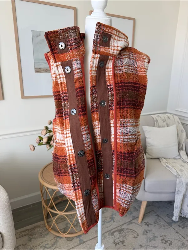 Free People Wrapped Up Blanket Vest Orange Plaid Wool Blend S - Image 11
