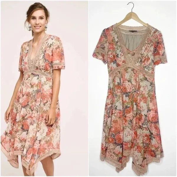 Ranna Gill Dress Floral V-Neck Embroidered Flowy Brown Rose Boutique Size 8 - Image 2