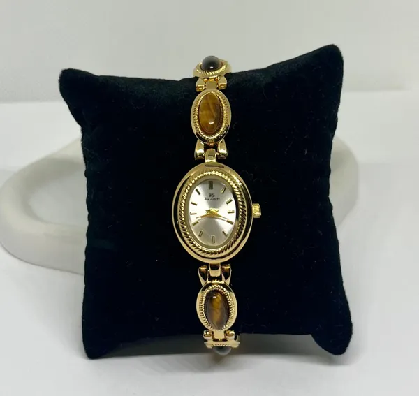Vintage Style New Gold Plates Brown Stone Tiger Eye Stone Luxury Watch - Image 2