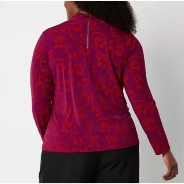 NWT‎ LIZ CLAIBORNE Women’s Career Blouse 3X Magenta Scroll Long Sleeve Stretch - Image 3