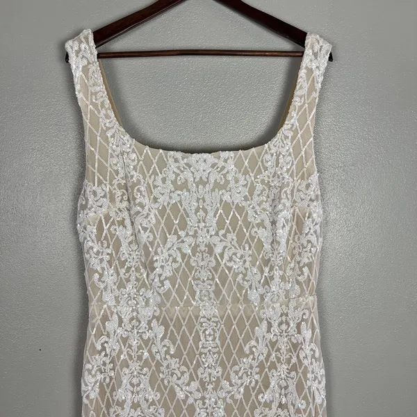 Ricarica Midi Dress‎ Sequin Mesh Womens 1X White Beige Lined Slit Sheath Fitted - Image 5