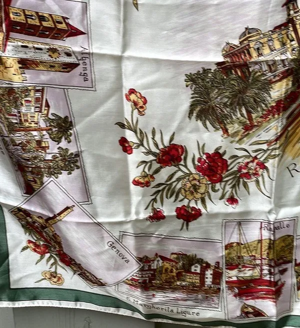 Italian Riviera Inspired Scarf 26x26 Square Cream Green Gold Red Pallet VINTAGE - Image 5
