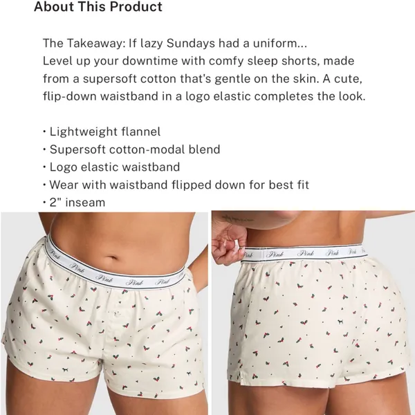 VS PINK Cotton Dorm Unlined Bralette & Flannel Pajama Shorts Cream Holly Print M - Image 10