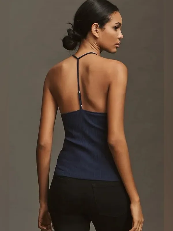 Maeve Ribbed Halter Tank in Navy with Silver Hardware - Image 2