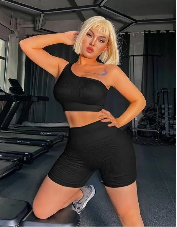 NEW 2 Pc Ribbed 1 Shoulder High Waist Shorts & Sports Bra S - Image 3