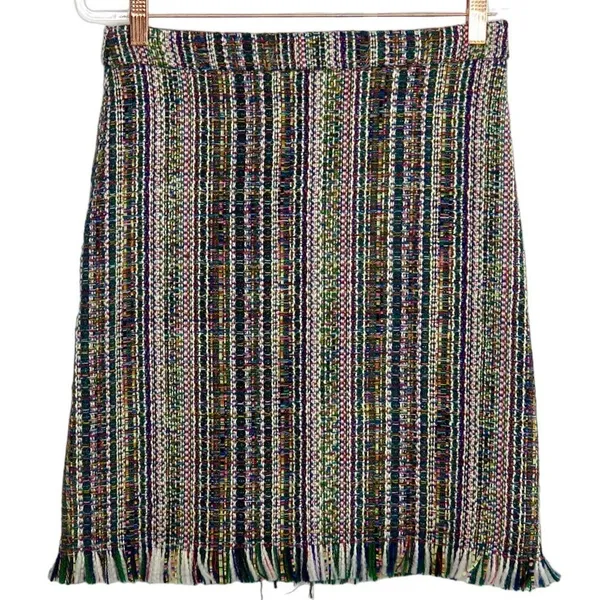 Anthropologie Chelsea & Theodore Multicolor Tweed Fringe Hem Pencil Skirt Size 4 - Image 3