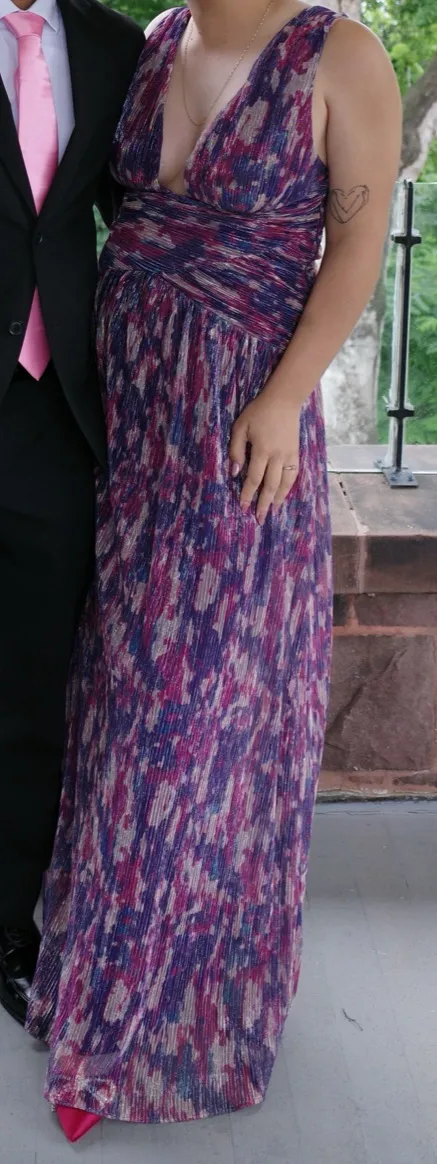 Lulus Evaluna Purple Abstract Print Lurex Pleated Maxi Dress - Image 2