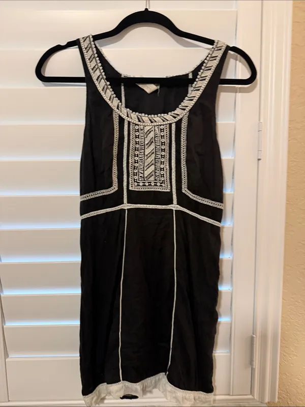Free People Black Mini Dress with White Embroidered Trim - Image 2