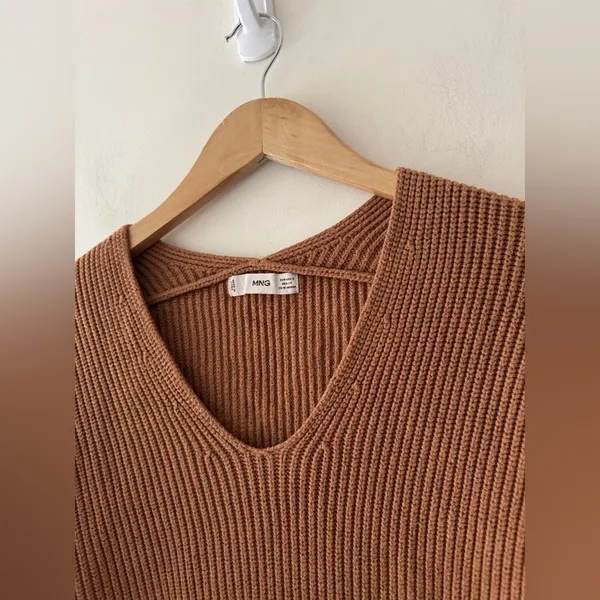 Mango Brown Ribbed V Neck Relaxed‎ Sweater - Image 2