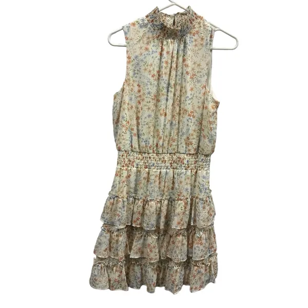MSK Cream Floral High Neck Sleeveless Ruffled Tiered Mini Dress Womens Medium - Image 5