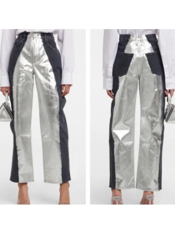 NWT FRAME Pieced Metallic Silver Black Straight Leg Jeans Size 26 Retail $448 - Image 2