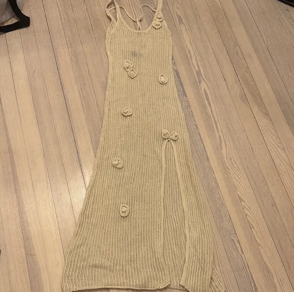 Revolve Cream Tan Maxi Crochet Open Knit Back Backless Cover Up Maxi Boho Beach Dress - Image 9