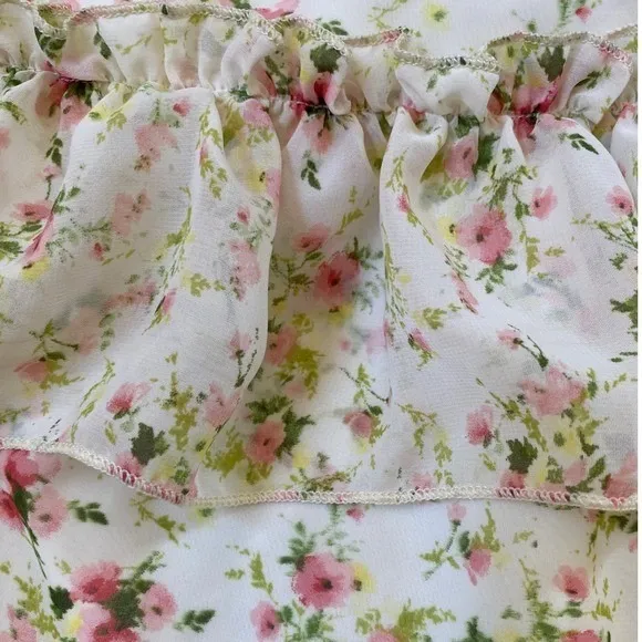 NSR‎ Floral Halter Ruffle Tiered Mini Dress Cream Pink XS CD9975 Made in USA - Image 5