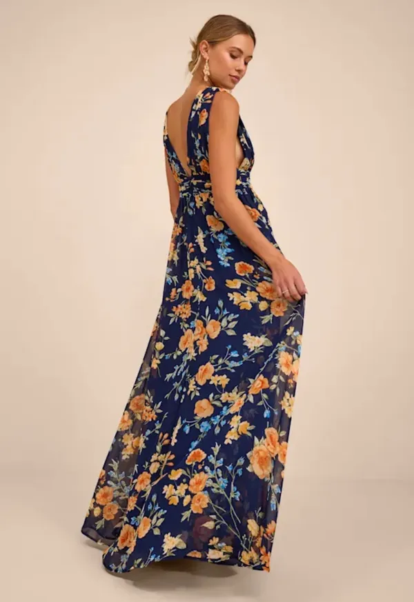 Lulus Blue Floral Dress Navy - Image 3