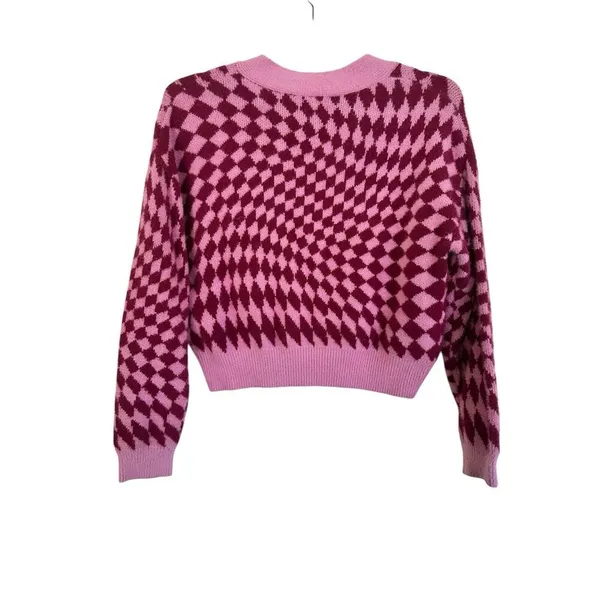 Cotton On Knit Cardigan Fluffy Optical Splice Berry Sz Small Checkered - Image 3