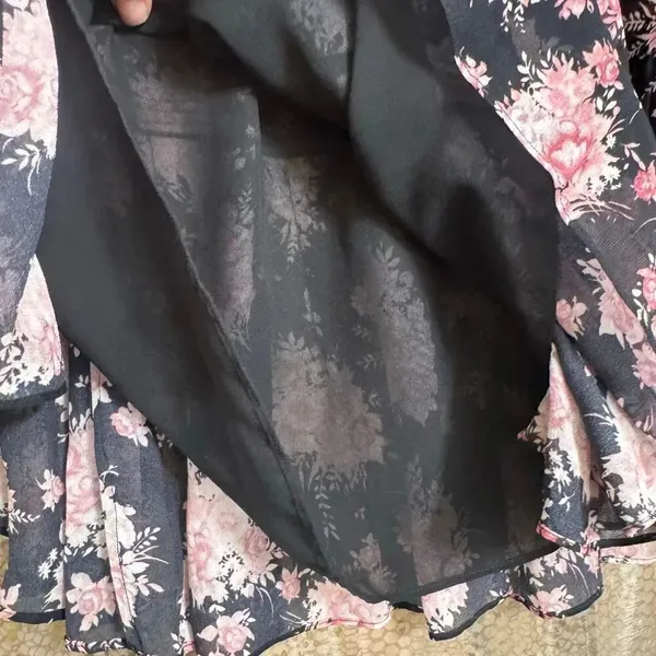 LoveShackFancy Pink Black Floral Garden Tiered Mini Skirt Large 100% Silk - Image 5