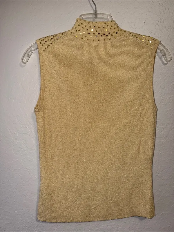 Vintage sparkling sequin Gold Sweater turtleneck sleeveless elegant 90s grandma - Image 3