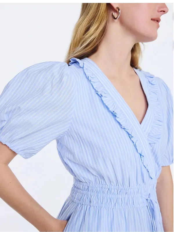 Free Assembly blue & white Tiered Ruffle Mini Dress with Short Puff Sleeves NWT - Image 4