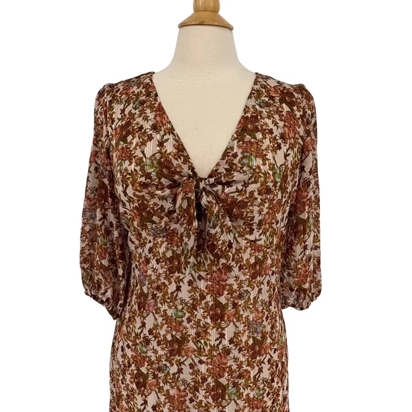 Taylor Floral High-Low Midi Dress‎ 8 Brown Gold Metallic Boho Puff Sleeve - Image 4
