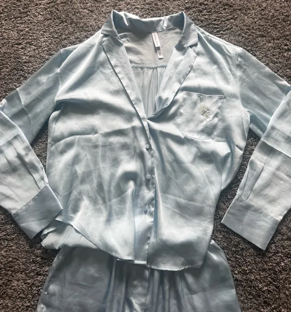 For Love & Lemons Light Blue Satin Pajama- Button-Front Top & Shorts - Image 3
