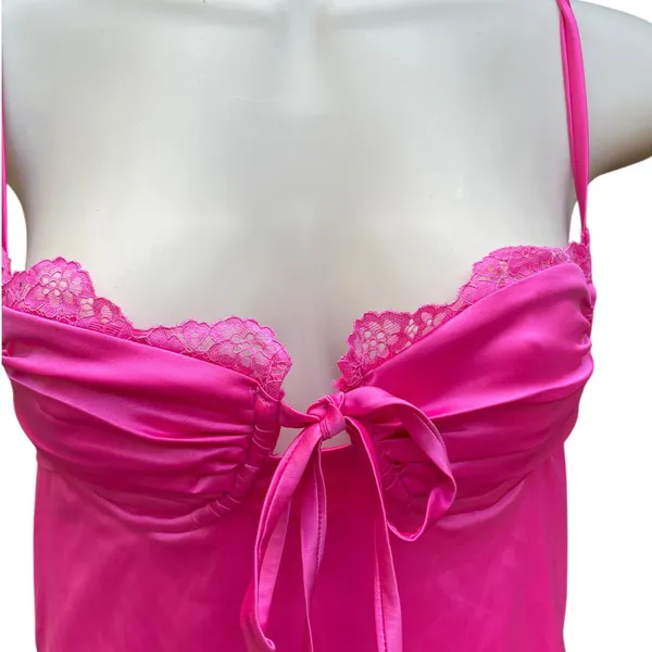 Hot Pink Satin Lace Slip Mini Dress NWT Size Small Ruched Spaghetti Strap Party - Image 6