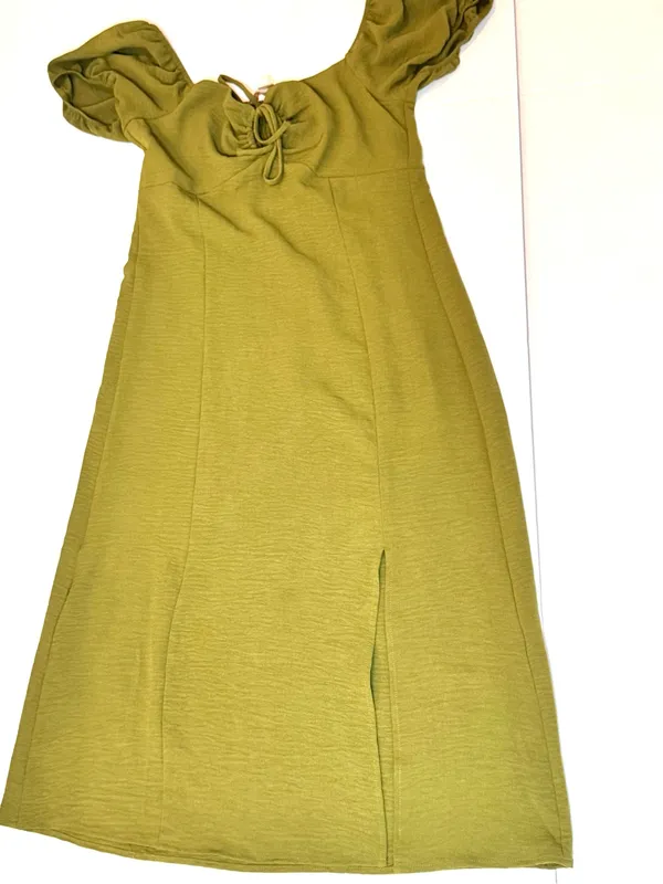 Monteau Los Angeles M Olive Green Puff Sleeve Midi Dress Cottagecore Boho Brunch - Image 12
