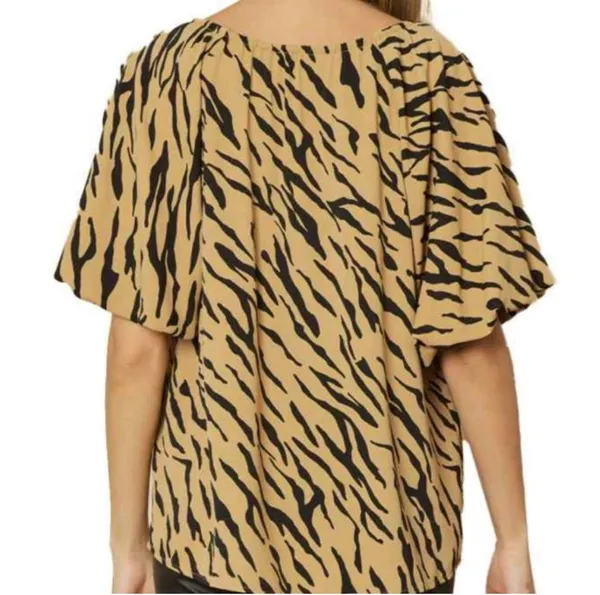 Entro Women’s Camel & Black Tiger Print Blouse Size Large Flowy Cottagecore EUC - Image 3