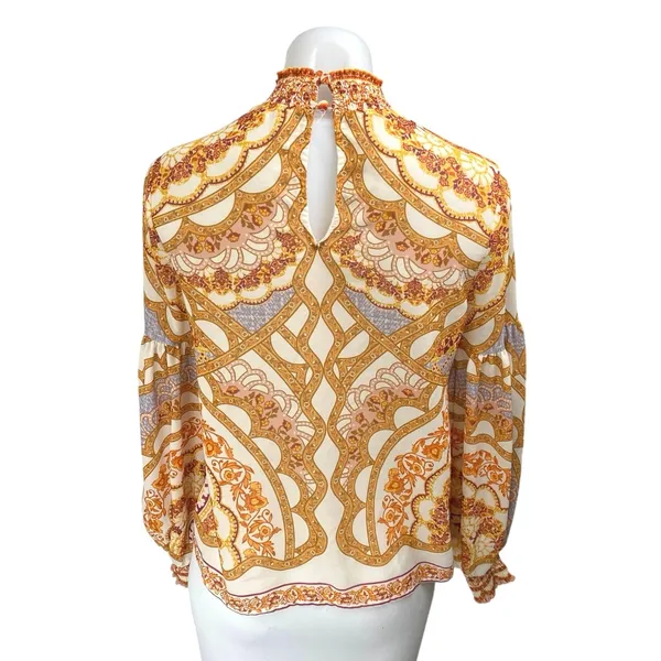 Bohme Multicolor Long Balloon Sleeve Smocked Floral Mock Neck Blouse Top Size XS - Image 2
