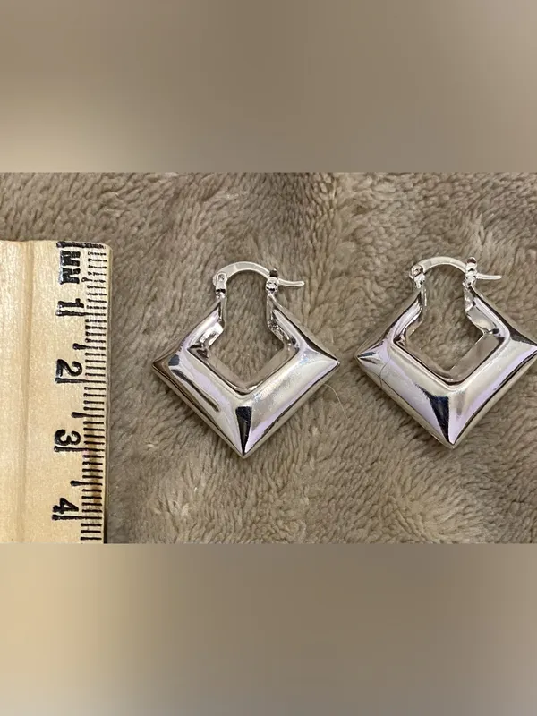 .925 Sterling Silver Geometric Hoop Earrings - Silver - Image 5