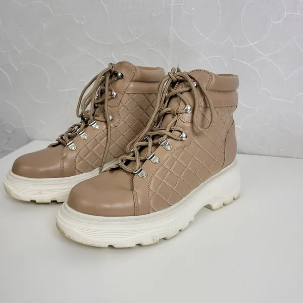 Jane Quilted Just Fab Womens Boots Sz 7‎ Brown Ankle Cut Lace-Up Platform Heels - Image 3