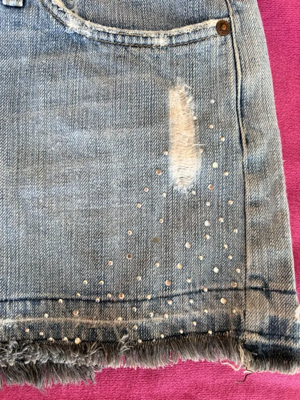 Angel Denim | Light Wash Studded Frayed Mini Skirt | L - Image 8