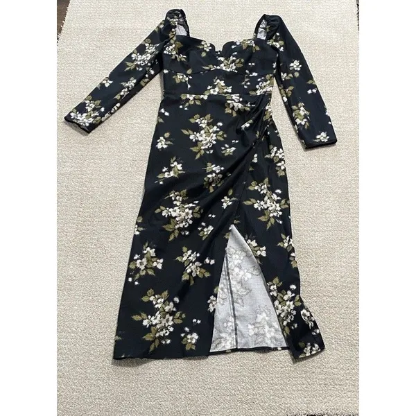 Reformation Floral Sweetheart Neck Midi Dress Long Sleeve Side Slit Size 6 - Image 13