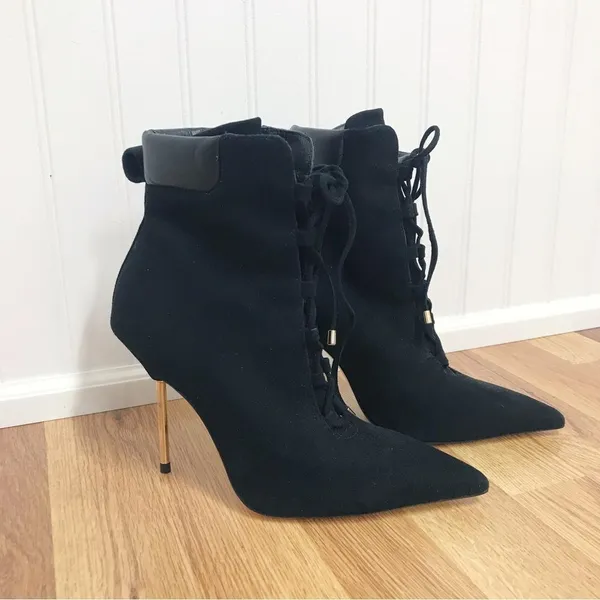 GOOD AMERICAN Black Suede Stiletto Lace Up Ankle Boot Bootie Hiking Size 5.5 New - Image 2