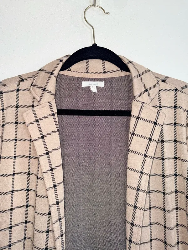 Maurices Plaid Duster Blazer Tan & Black Open Front Collared - Image 3