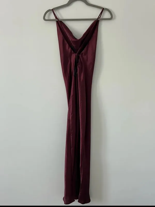 ASOS Design Cami Maxi Slip Dress in High Shine Satin lace up back Burgundy 10 - Image 2