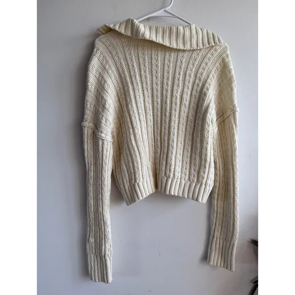 Free People Ivory Cable Knit Hooded V-Neck Cropped Sweater XS OB1234567 - Image 3