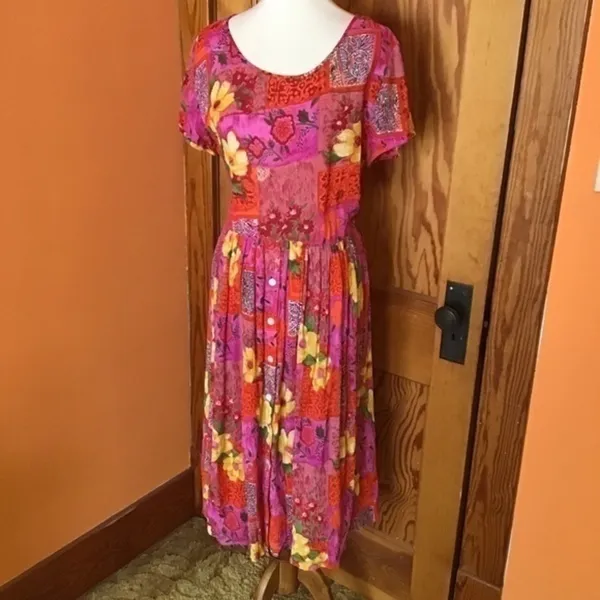 BILA Boho Patchwork Floral Midi Dress Pink Red Rayon Size Small - Image 6