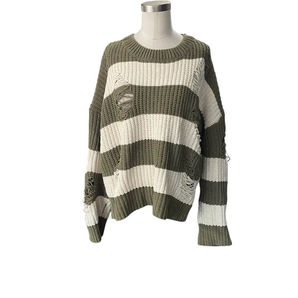POL Distressed Olive & Cream Striped Knit Sweater - Size Small pullover - Image 9