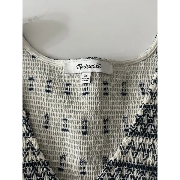 Madewell Embroidered Smocked V Neck Puff Sleeve Peasant Top Cream Navy XS - Image 5