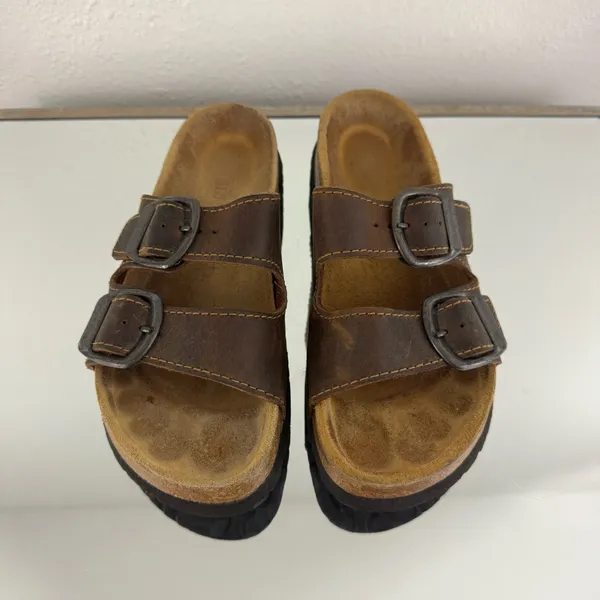 EASTLAND Vintage 90s Womens Brown Leather Dual Strap Buckle Slip On Sandals - Image 6