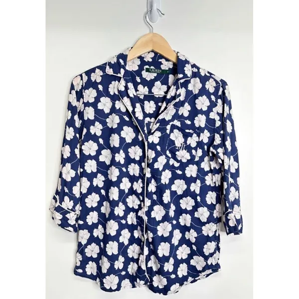 Lauren Ralph Lauren Womens Navy Floral Pajama Top‎ Sleep Shirt Monogram Small - Image 2
