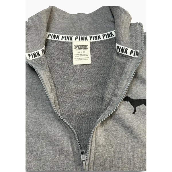 Victoria's Secret PINK Quarter Zip Pullover Sweatshirt Heather Gray Logo XS - Image 4