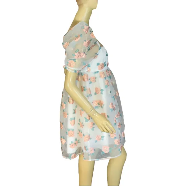 Altar'D State White W/Peach & Green Floral Print Organza Baby Doll Dress (M) - Image 5