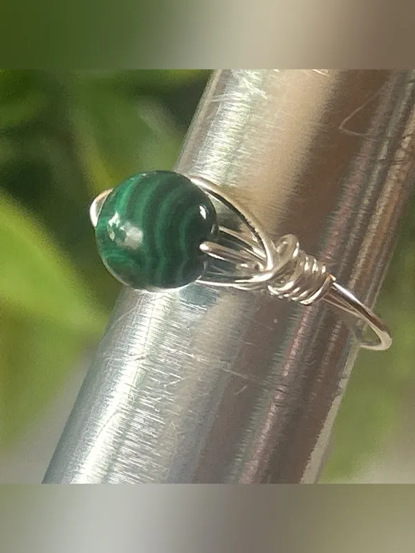 Handmade Handcrafted silver tone malachite wire wrapped crystal ring size 7 - Image 2